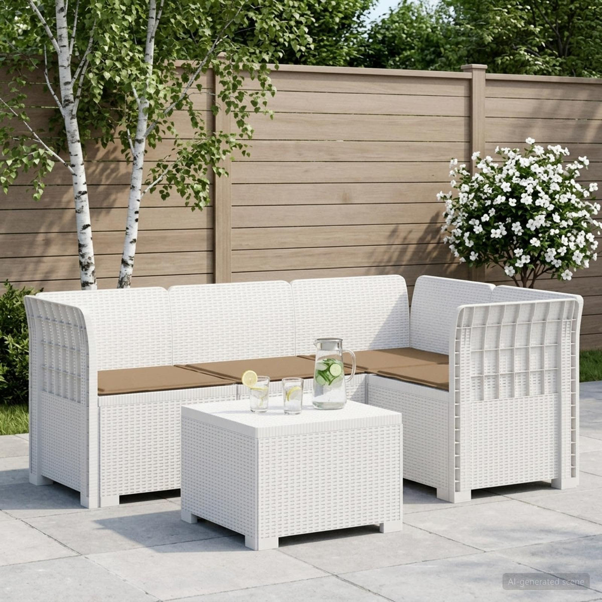 4-personers Have Sofa med Hynder Rattan Look PP Hvid