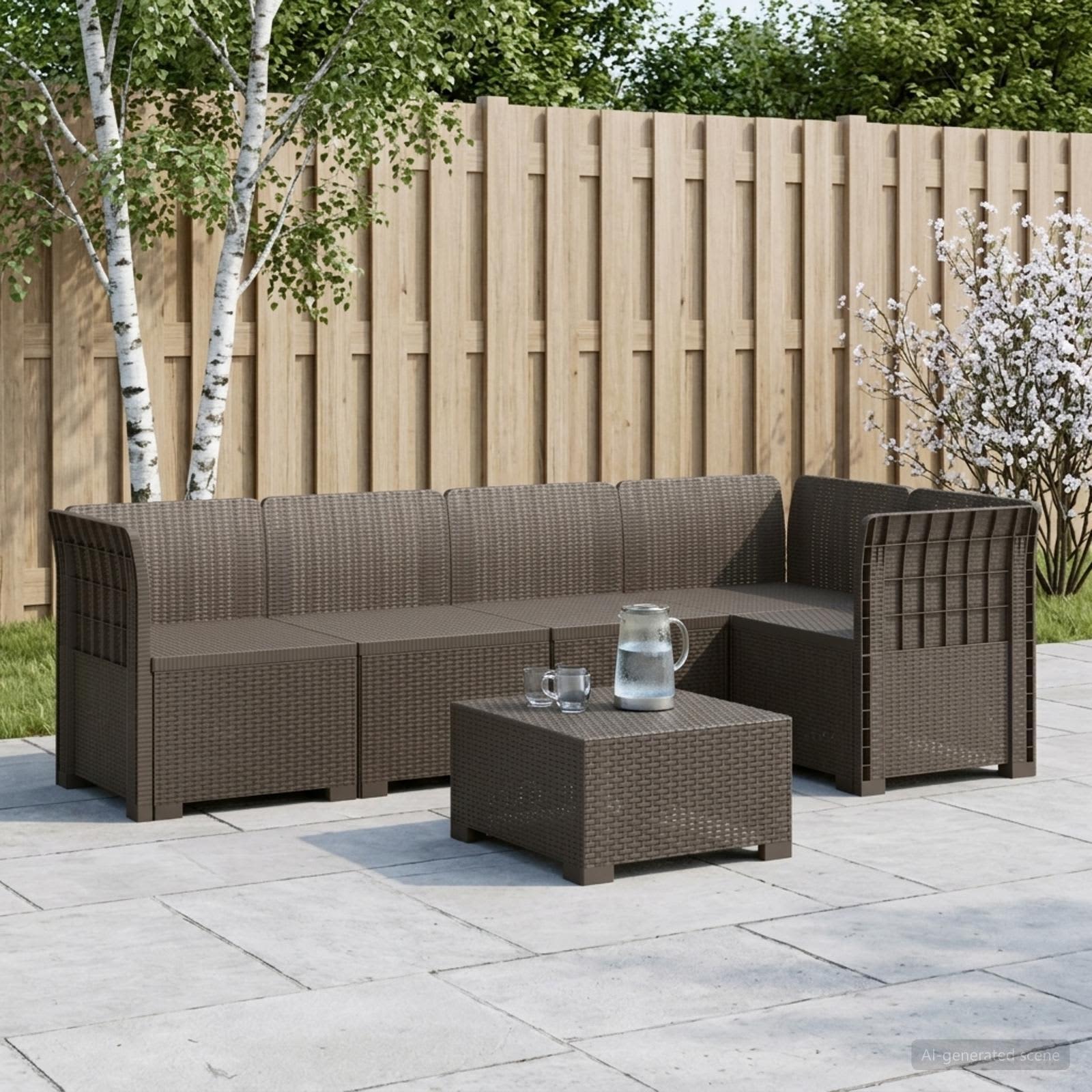 5-personers Havembel Sofa Rattan Look PP Lysegr