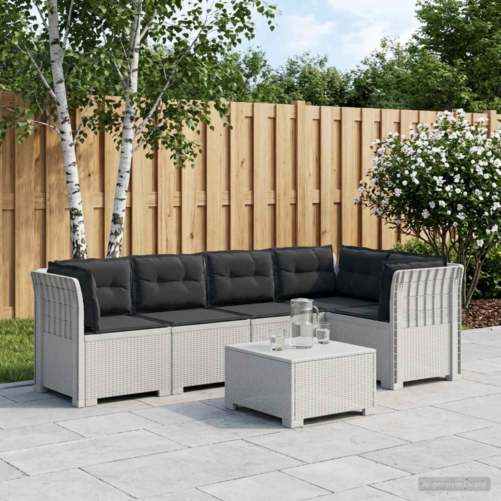 5-personers Havembel Sofa med Hynder Rattan Look PP Hvid