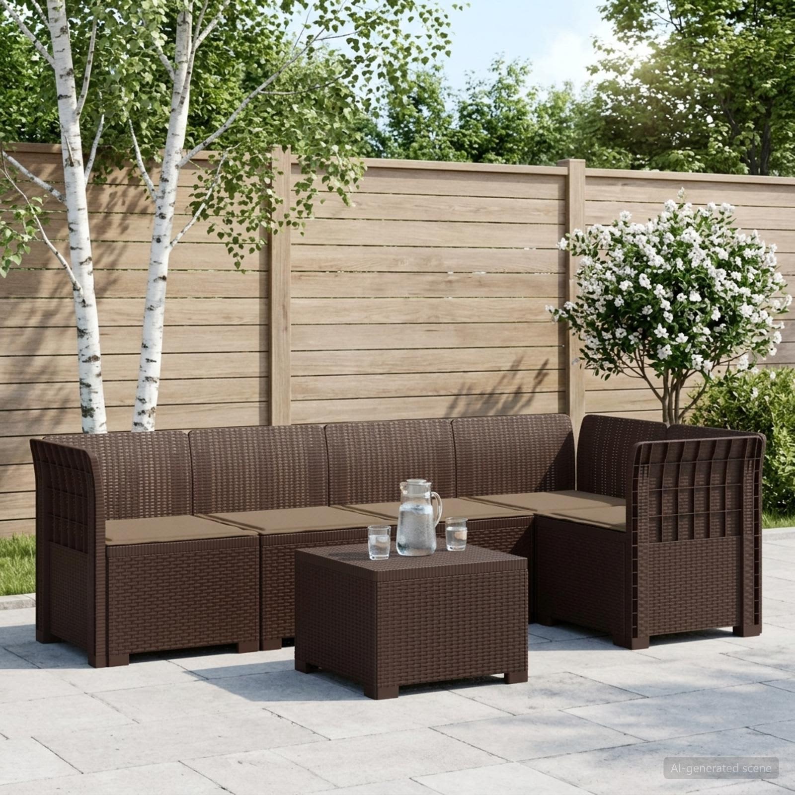5-personers Havembel Sofa med Hynder Rattan Look PP Brun