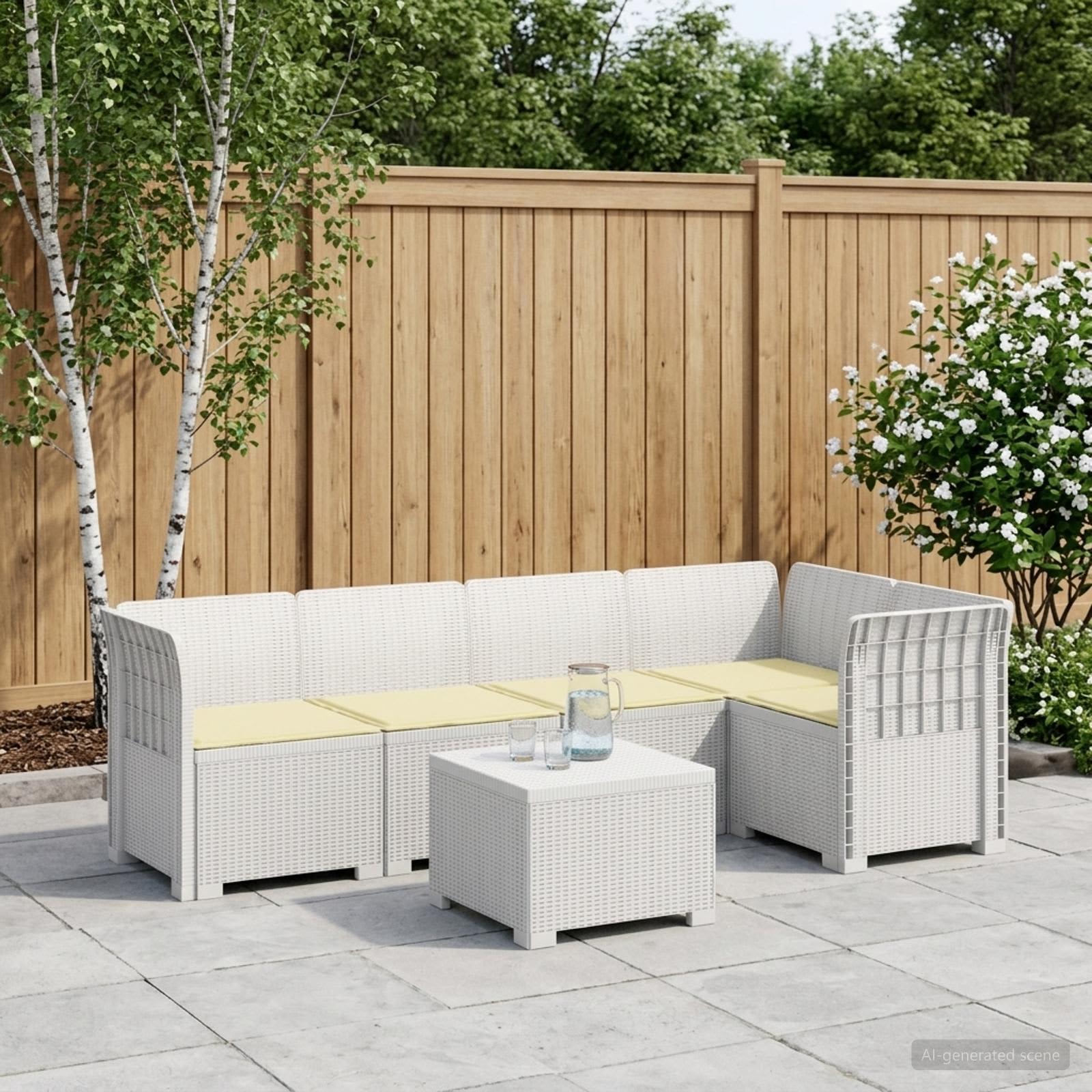 5-personers Havembel Sofa med Hynder Rattan Look PP Hvid