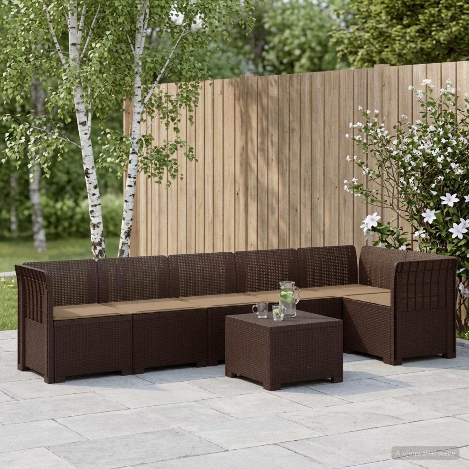 vidaXL 6-personers Have Sofa med Puder Rattan Look PP Brun