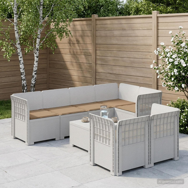 7-personers have-sofa med puder i rattanlook PP Hvid