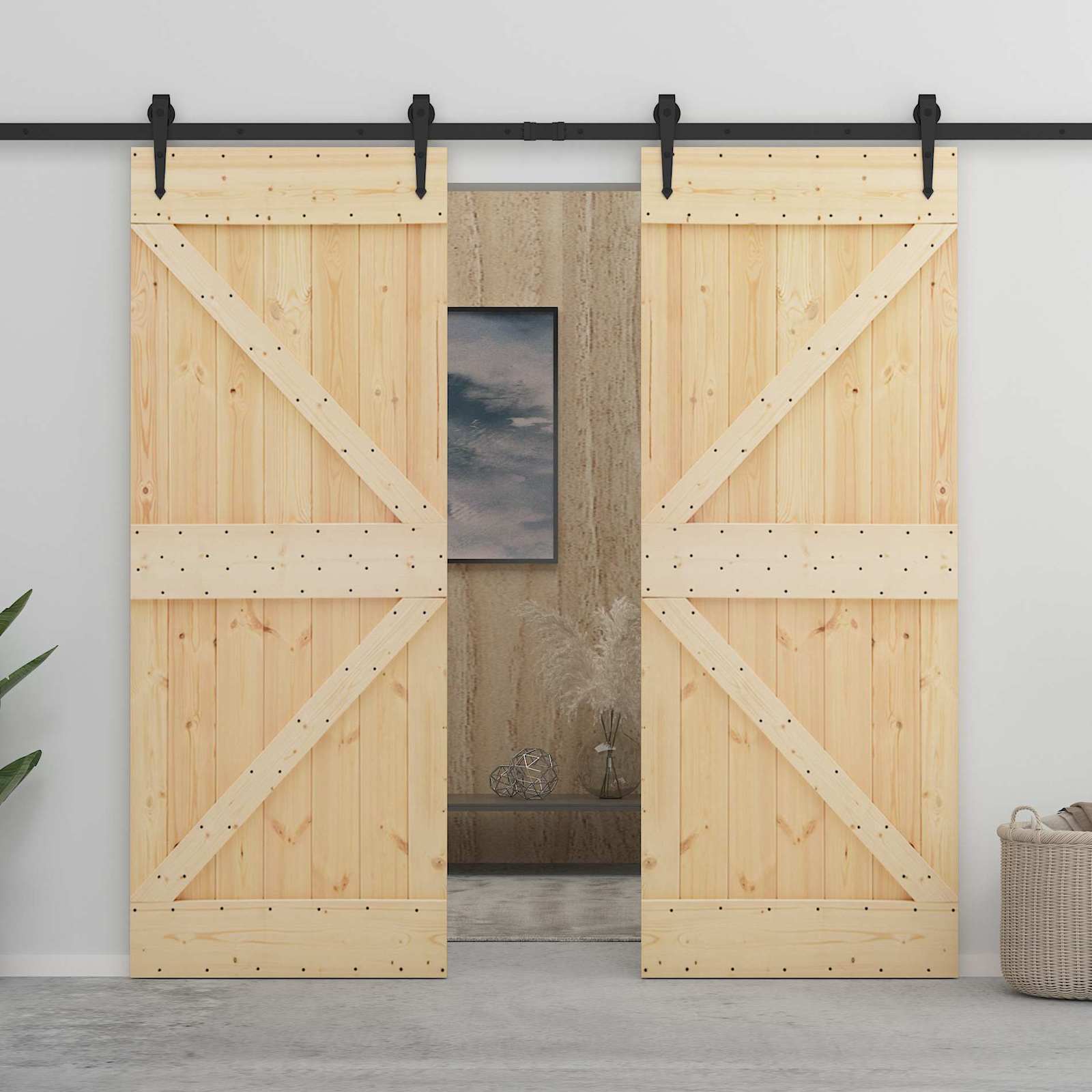 Skydedør 2 pcs Naturfarvet og sort Massivt fyrretræ