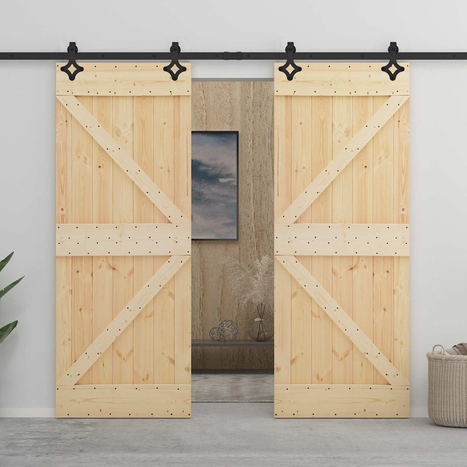 Skydedør 2 pcs Naturfarvet og sort Massivt fyrretræ