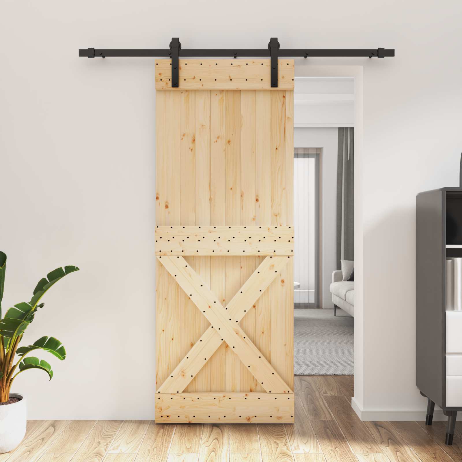 Skydedør Naturfarvet og sort 80 x 210 cm Massivt Fyrretræ