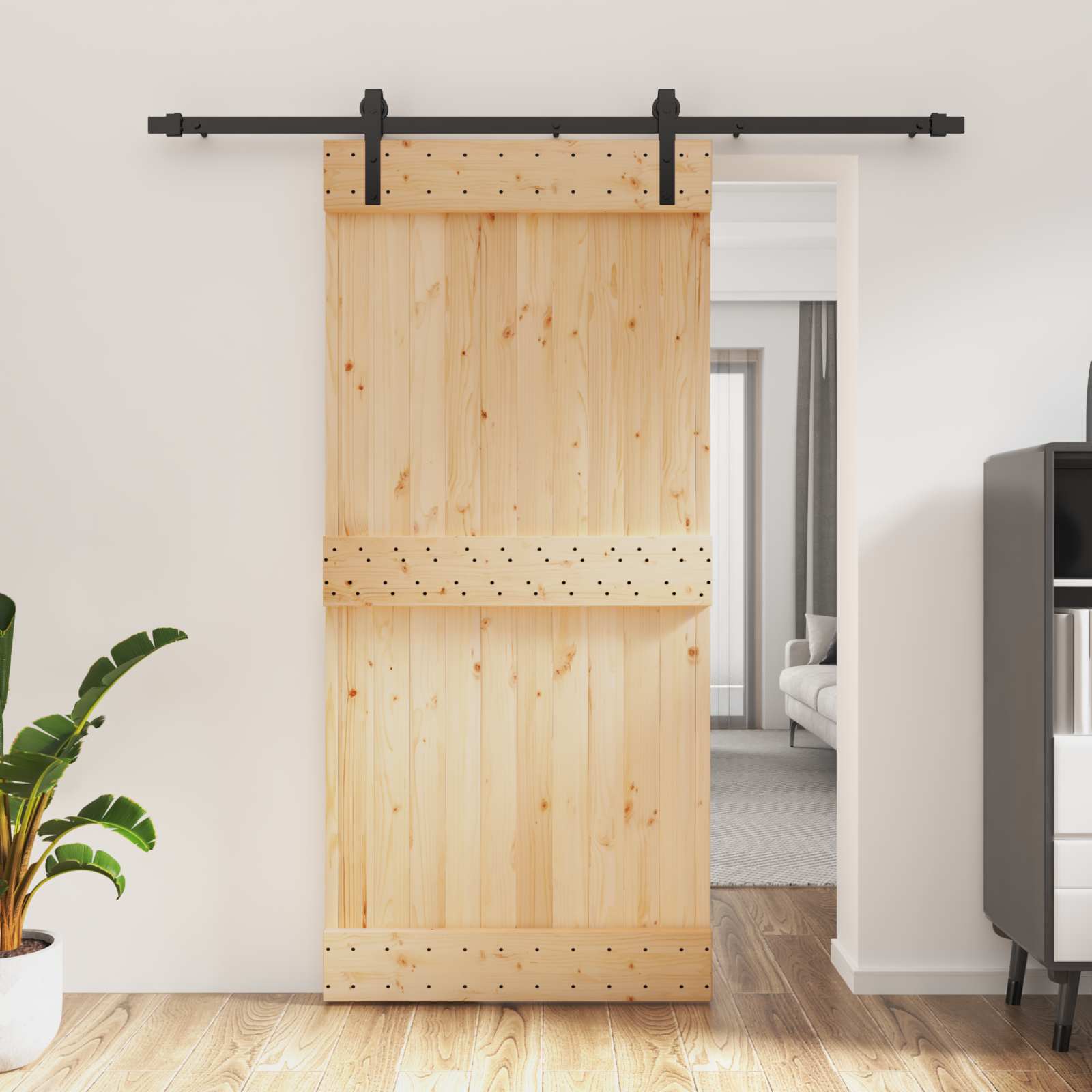 Skydedør Naturfarvet og sort 95 x 210 cm Massivt Fyrretræ