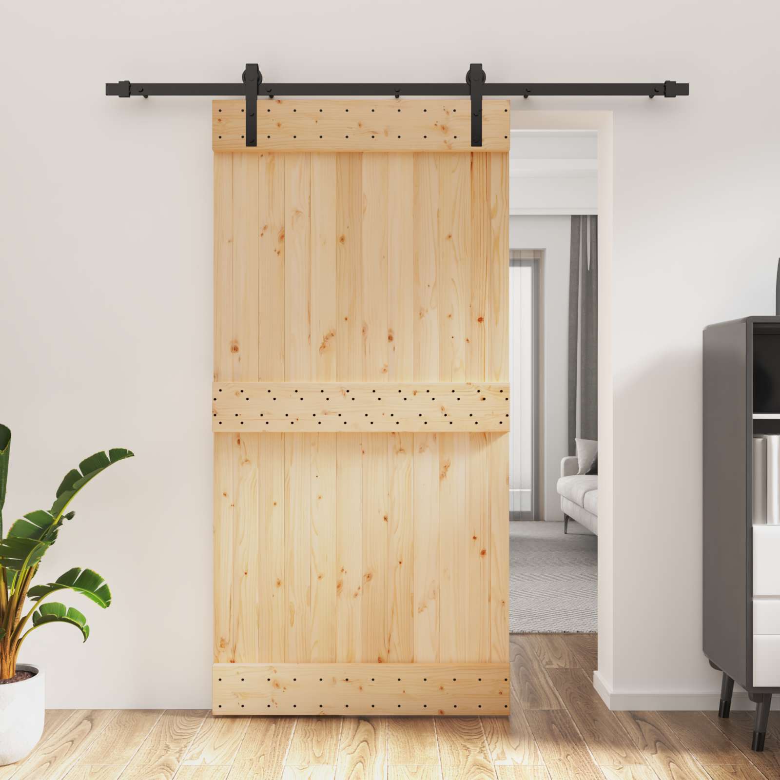 Skydedør Naturfarvet og sort 100 x 210 cm Massivt Fyrretræ