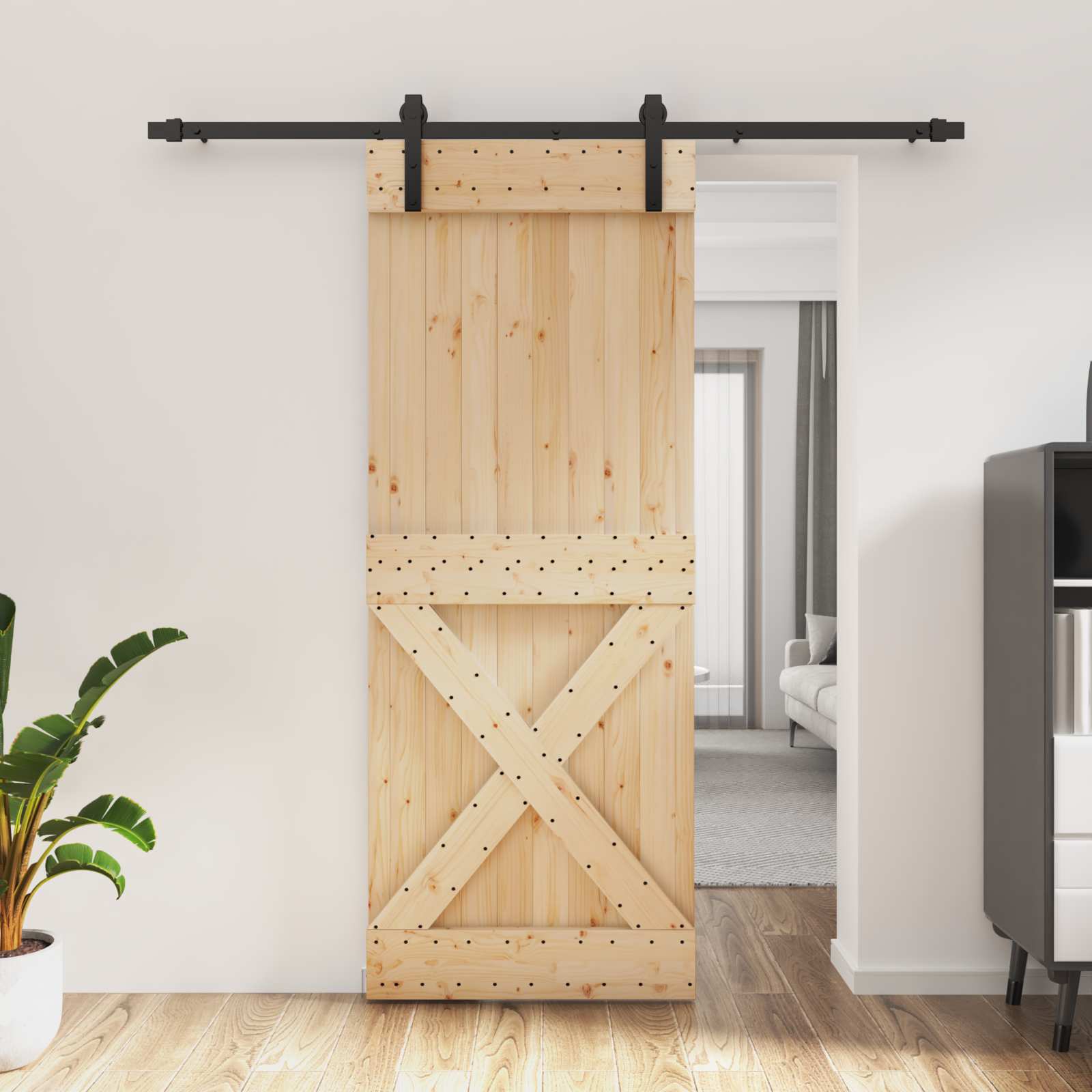 Skydedør Naturfarvet og sort 80 x 210 cm Massivt Fyrretræ