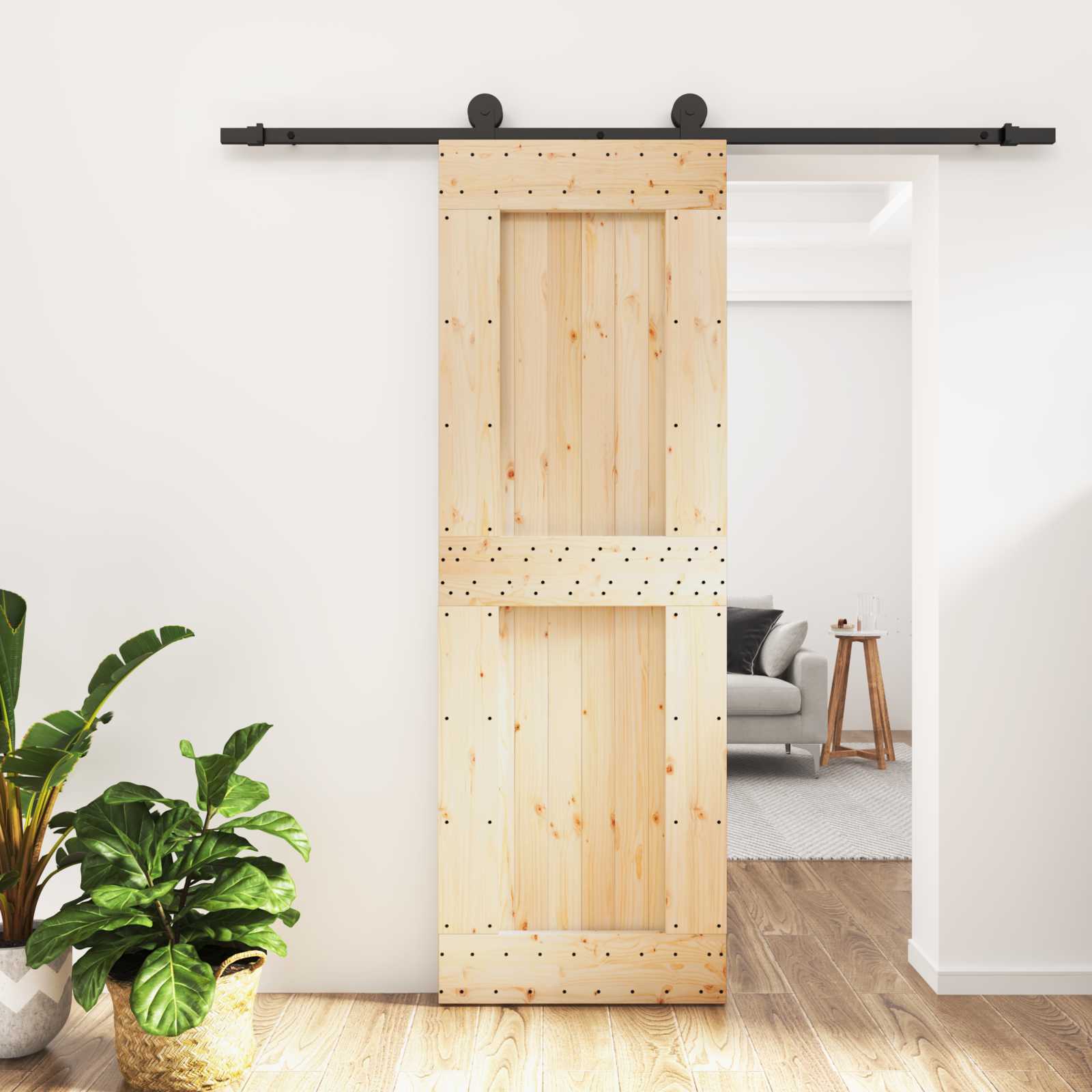 Skydedør Naturfarvet og sort 70 x 210 cm Massivt Fyrretræ