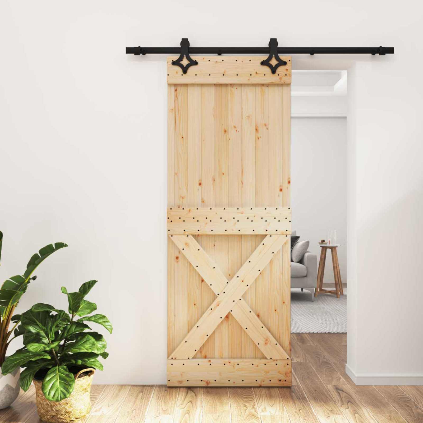 Skydedør Naturfarvet og sort 80 x 210 cm Massivt Fyrretræ
