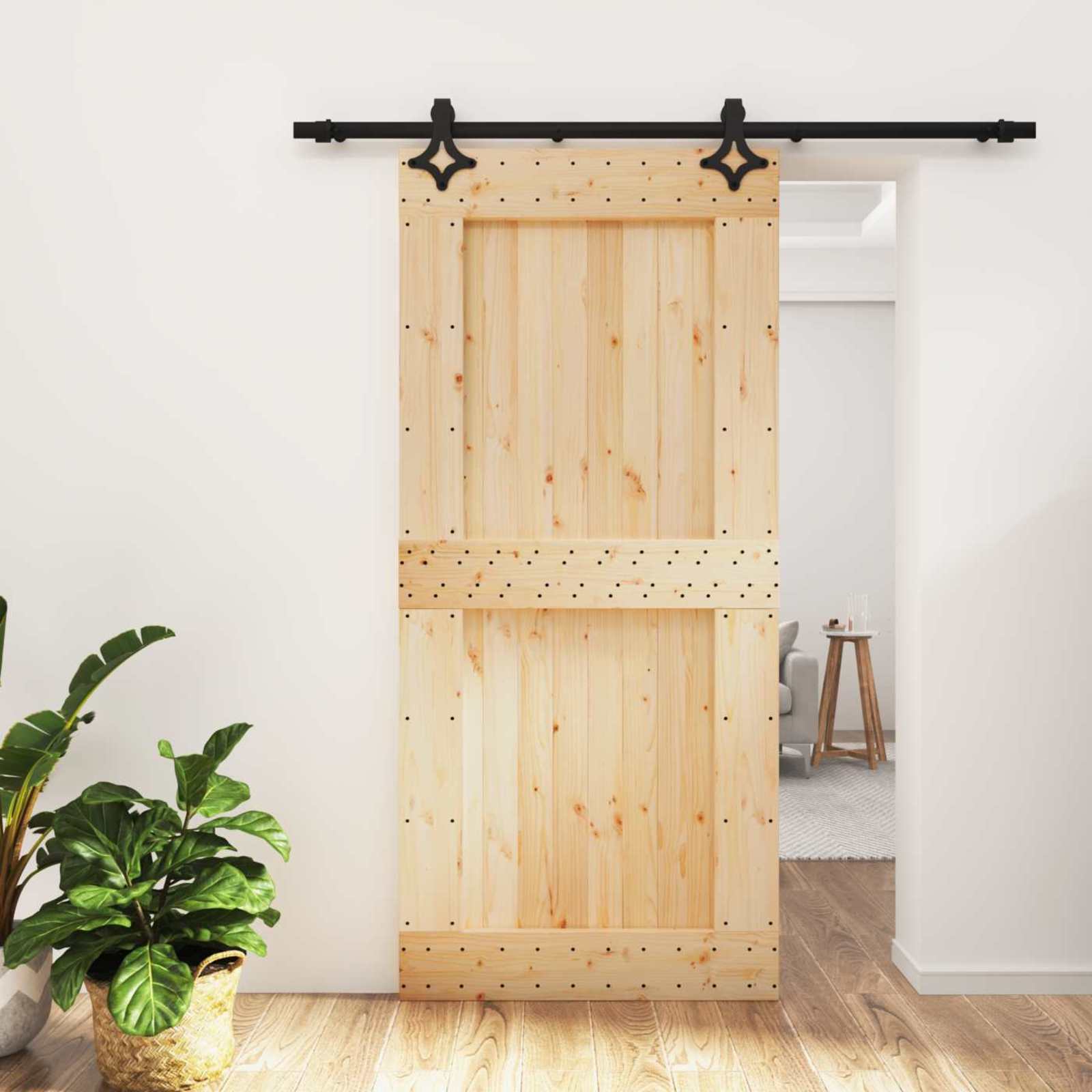Skydedør Naturfarvet og sort 95 x 210 cm Massivt Fyrretræ