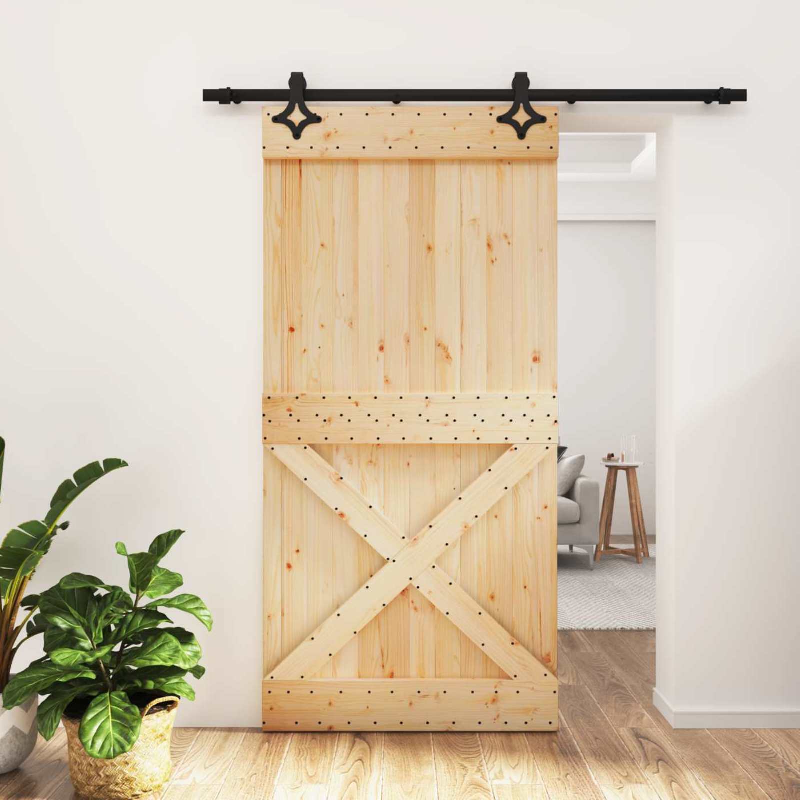 Skydedør Naturfarvet og sort 100 x 210 cm Massivt Fyrretræ