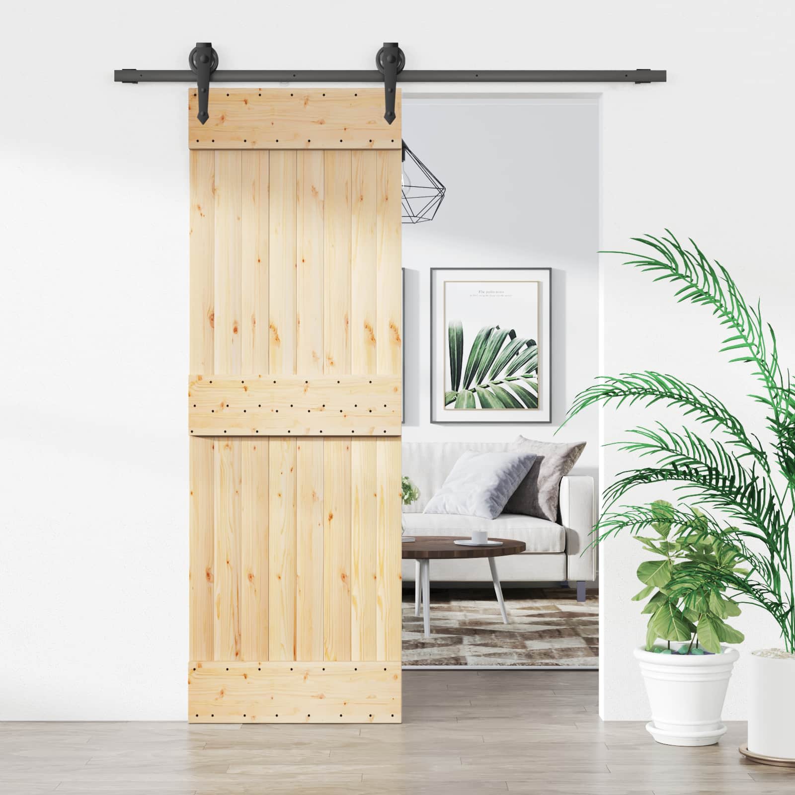 Skydedør Naturfarvet og sort 70 x 210 cm Massivt Fyrretræ