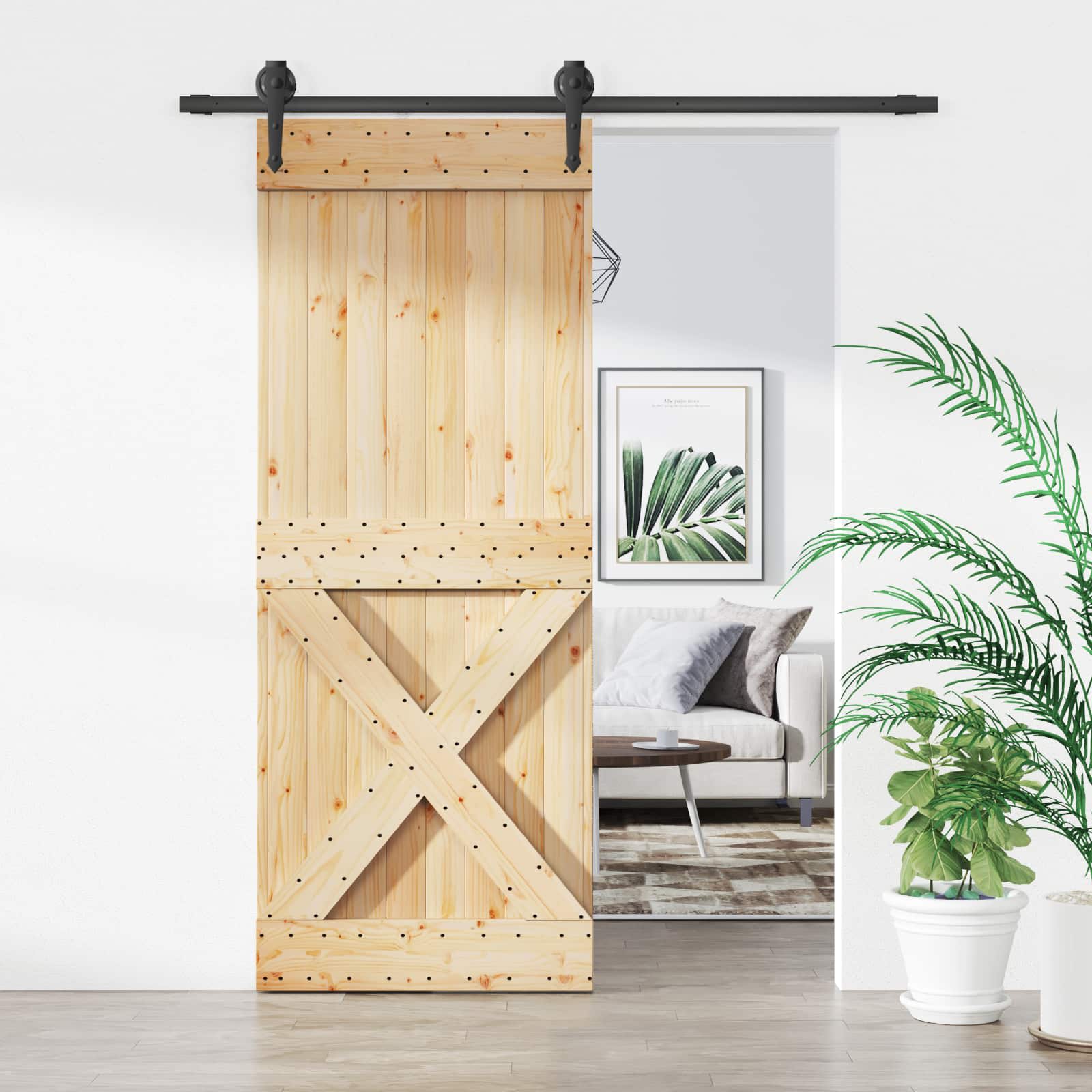 Skydedør Naturfarvet og sort 80 x 210 cm Massivt Fyrretræ