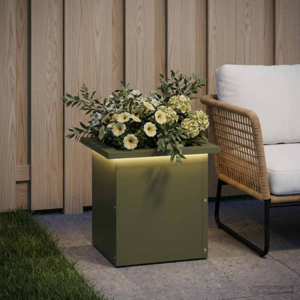 Plantekasse med LED Olivengrøn 30 x 30 x 30 cm Stål