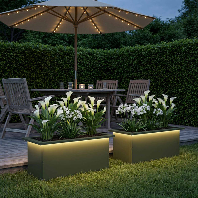 Plantekasse med LED 2 stk. Olivengrøn 30 × 60 × 30 cm Stål