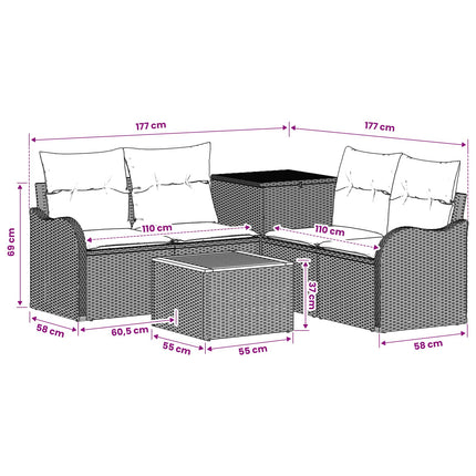 Sofa Sæt 6 stk. Grå og Marineblå Poly Rattan og Stål