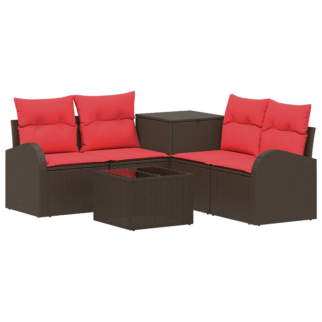 Sofa Sæt 6 stk. Brun og Rød Poly Rattan og Stål