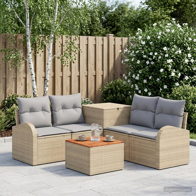 Sofa Sæt 6 stk. Beige og lys grå Poly Rattan og Stål
