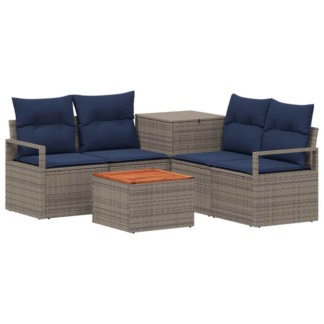 Sofa Sæt 6 stk. Grå og Marineblå Poly Rattan og Stål