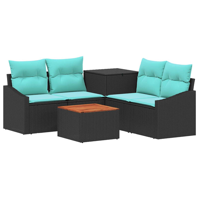 Sofa Sæt 6 stk. Sort og Blå Poly Rattan og Stål
