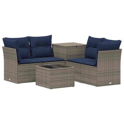 Sofa Sæt 6 stk. Grå og Marineblå Poly Rattan og Stål