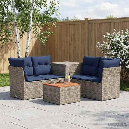 Sofa Sæt 6 stk. Grå og Marineblå Poly Rattan og Stål