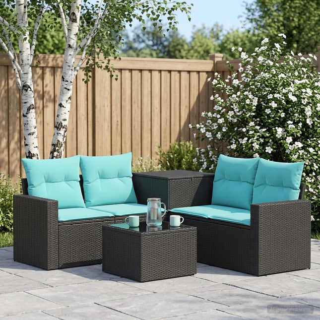 Sofa Sæt 6 stk. Sort og Blå Poly Rattan og Stål