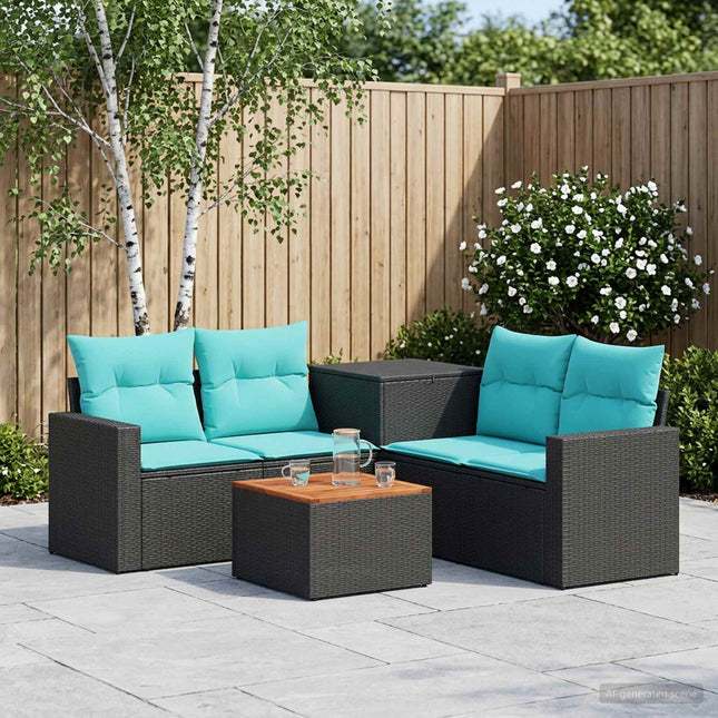 Sofa Sæt 6 stk. Sort og Blå Poly Rattan og Stål