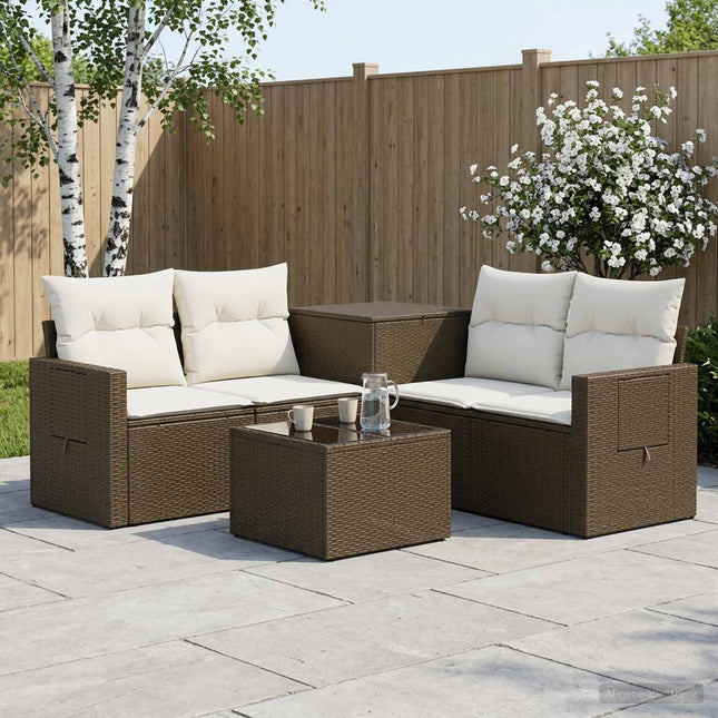 Sofa Sæt 6 stk. Brun og Creme Hvid Poly Rattan og Stål