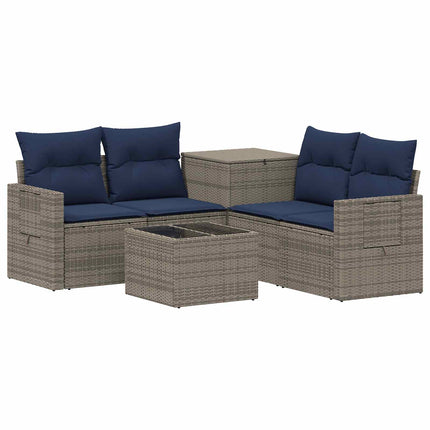 Sofa Sæt 6 stk. Grå og Marineblå Poly Rattan og Stål