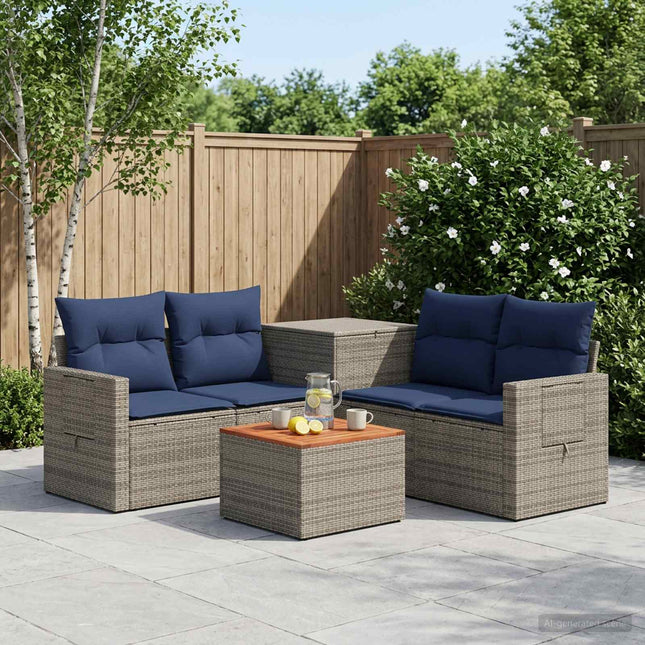 Sofa Sæt 6 stk. Grå og Marineblå Poly Rattan og Stål