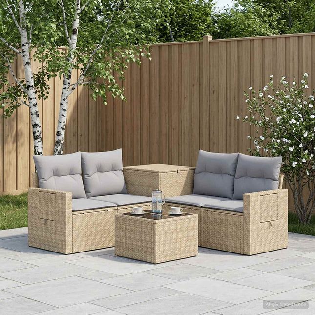 Sofa Sæt 6 stk. Beige og lys grå Poly Rattan og Stål