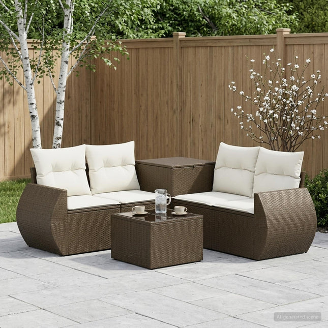 Sofa Sæt 6 stk. Brun og Creme Hvid Poly Rattan og Stål