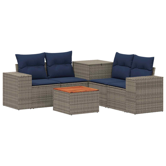 Sofa Sæt 6 stk. Grå og Marineblå Poly Rattan og Stål