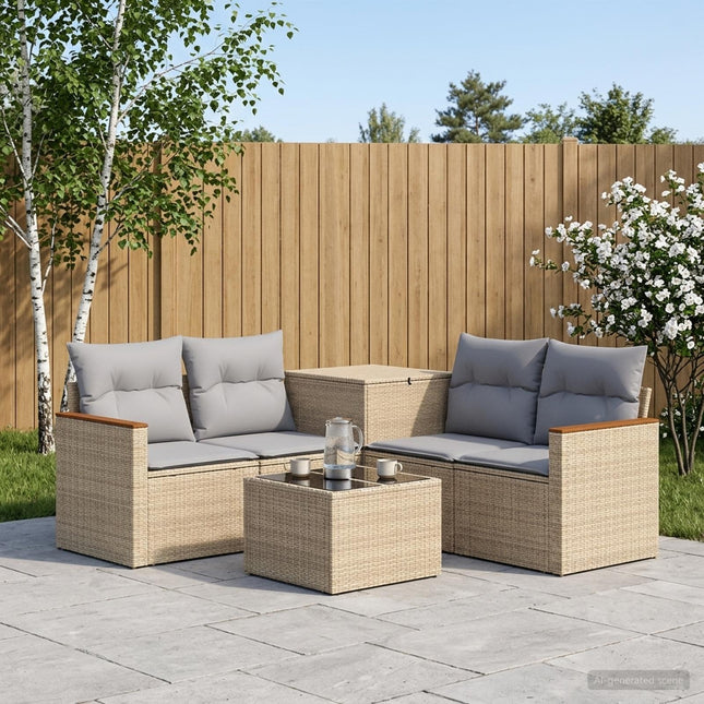 Sofa Sæt 6 stk. Beige og lys grå Poly Rattan og Stål