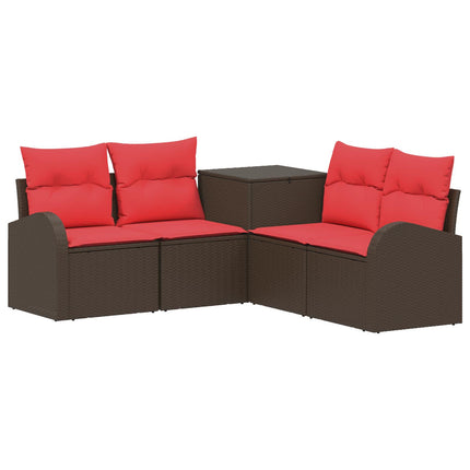 Sofa Sæt 5 stk. Brun og Rød Poly Rattan og Stål