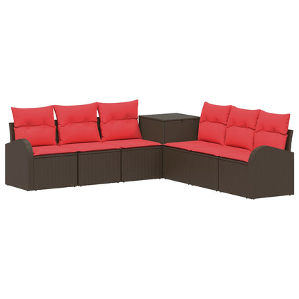 Sofa Sæt 7 stk. Brun og Rød Poly Rattan og Stål