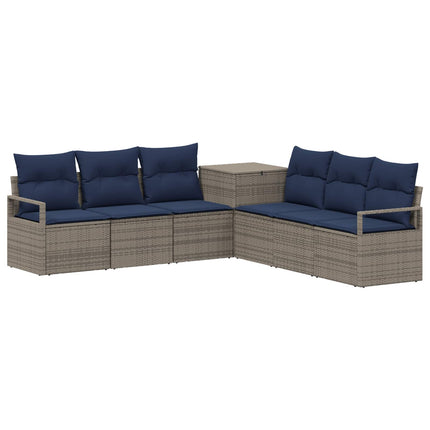 Sofa Sæt 7 stk. Grå og Marineblå Poly Rattan og Stål