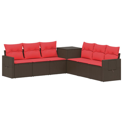 Sofa Sæt 7 stk. Brun og Rød Poly Rattan og Stål