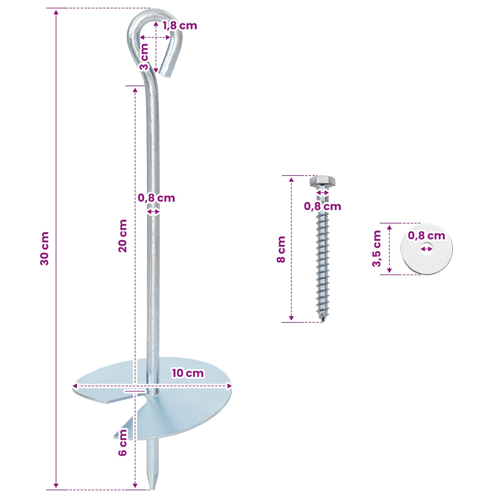 Jordanker 10 pcs Sølv Ø10 x 30 cm Galvaniseret metal