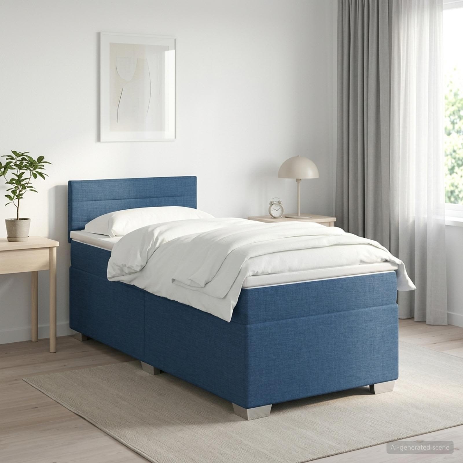 Boxmadras med topmadras med hovedgrde Bl 100 x 200 cm Stof