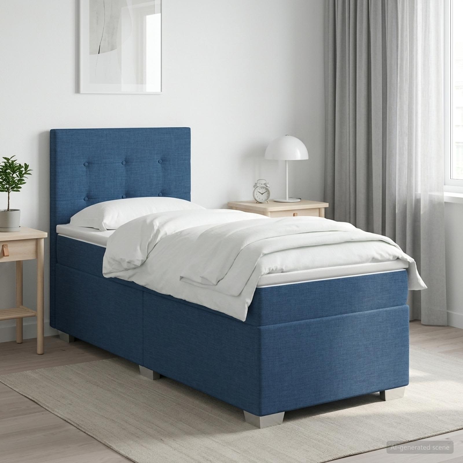 Boxmadras med topmadras med hovedgrde Bl 90 x 190 cm Stof