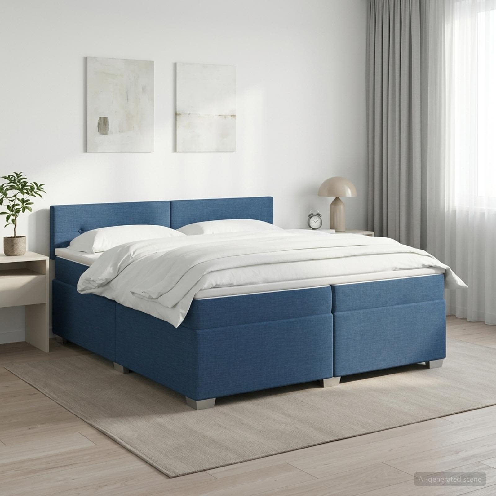 Boxmadras med topmadras med hovedgrde Bl 200 x 200 cm Stof