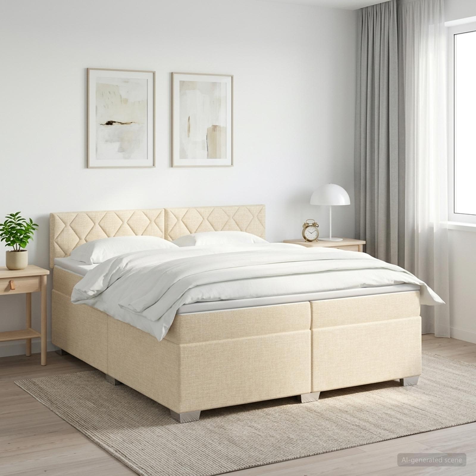 Seng med madras og topmadras cremefarvet 200 x 200 cm stof