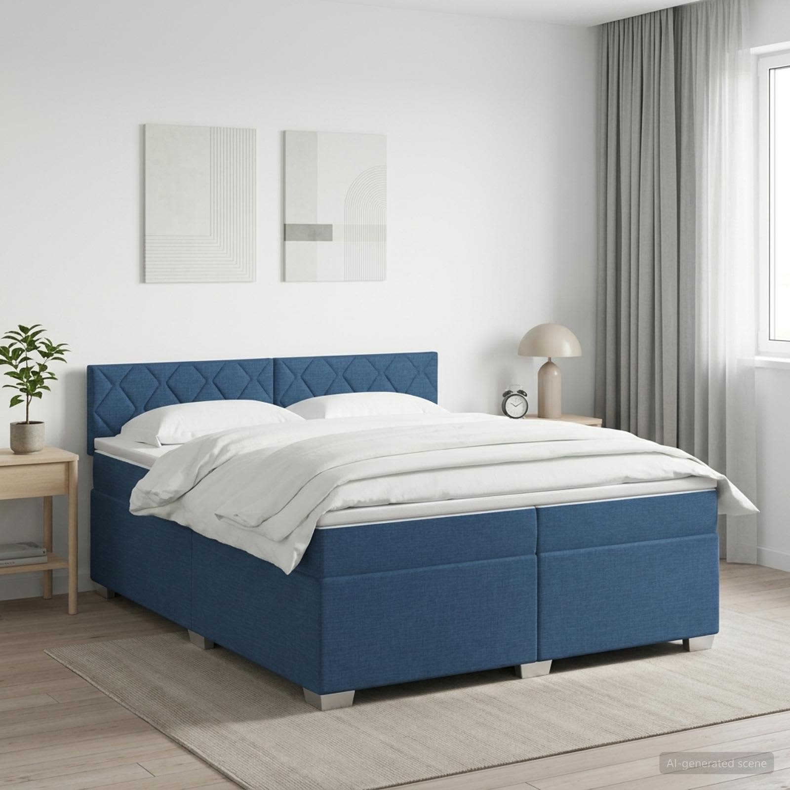 Boxmadras med topmadras med hovedgrde Bl 200 x 200 cm Stof