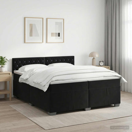 Boxmadras med topmadras med hovedgærde Sort 200 x 200 cm Fløjl