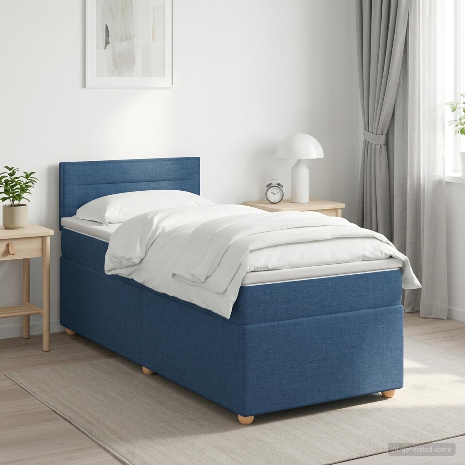 Boxmadras med topmadras med hovedgrde Bl 100 x 200 cm Stof