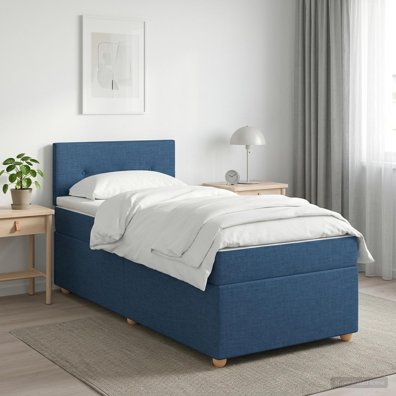 Boxmadras med topmadras med hovedgrde Bl 100 x 200 cm Stof